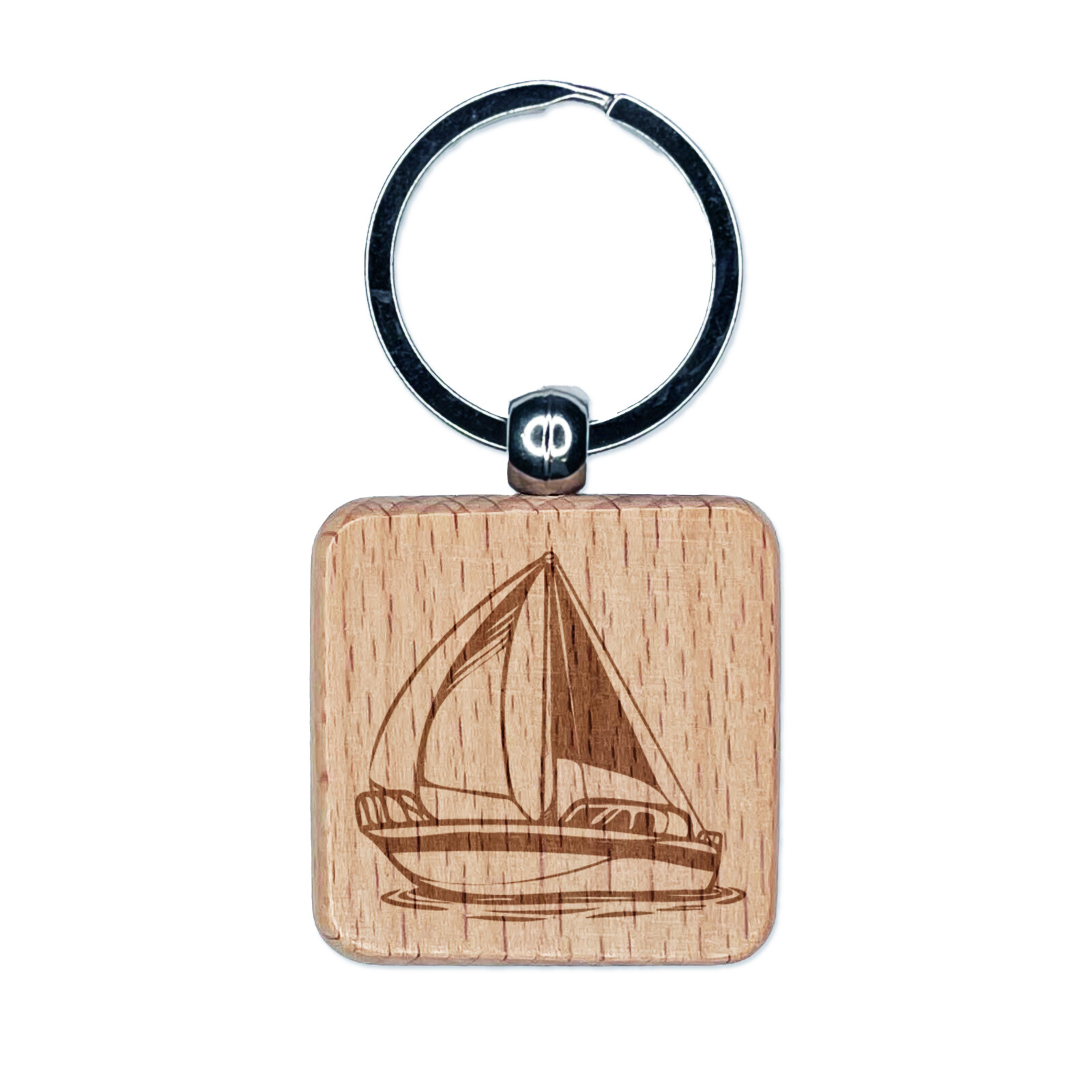 Simple Sailboat on Ocean Water Engraved Wood Square Keychain Tag Charm