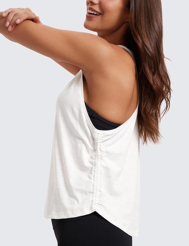 Pima Cotton Women Racerback Sleeveless Workout Tops Crew Neck Ruched Side Tanks - Picture 67 of 71