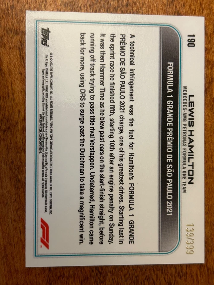 2022 Topps Chrome Formula 1 F1 Lewis Hamilton #190 Purple Refractor /399 SP - Image 2 of 2