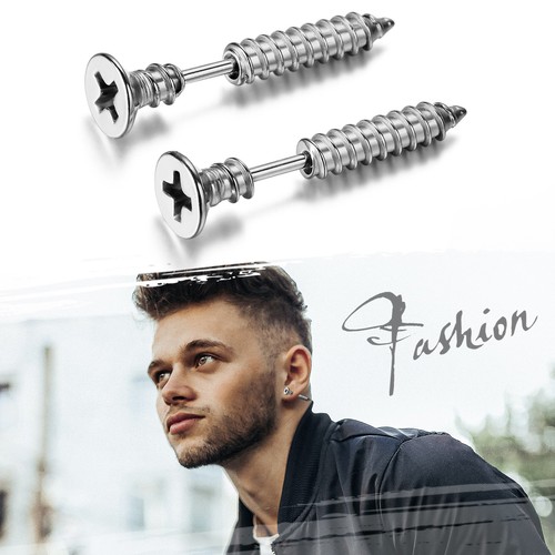 Men's Punk Hip Hop Stainless Steel Piercing Screw Earrings Spike Cross Ear Studs - Picture 16 of 22
