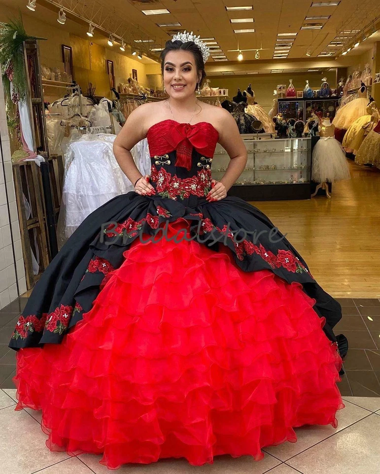 Mexican Quinceanera Dresses Rose Embroidered Ruffles Sweet 15 Prom Ball Gown - Image 3 of 4