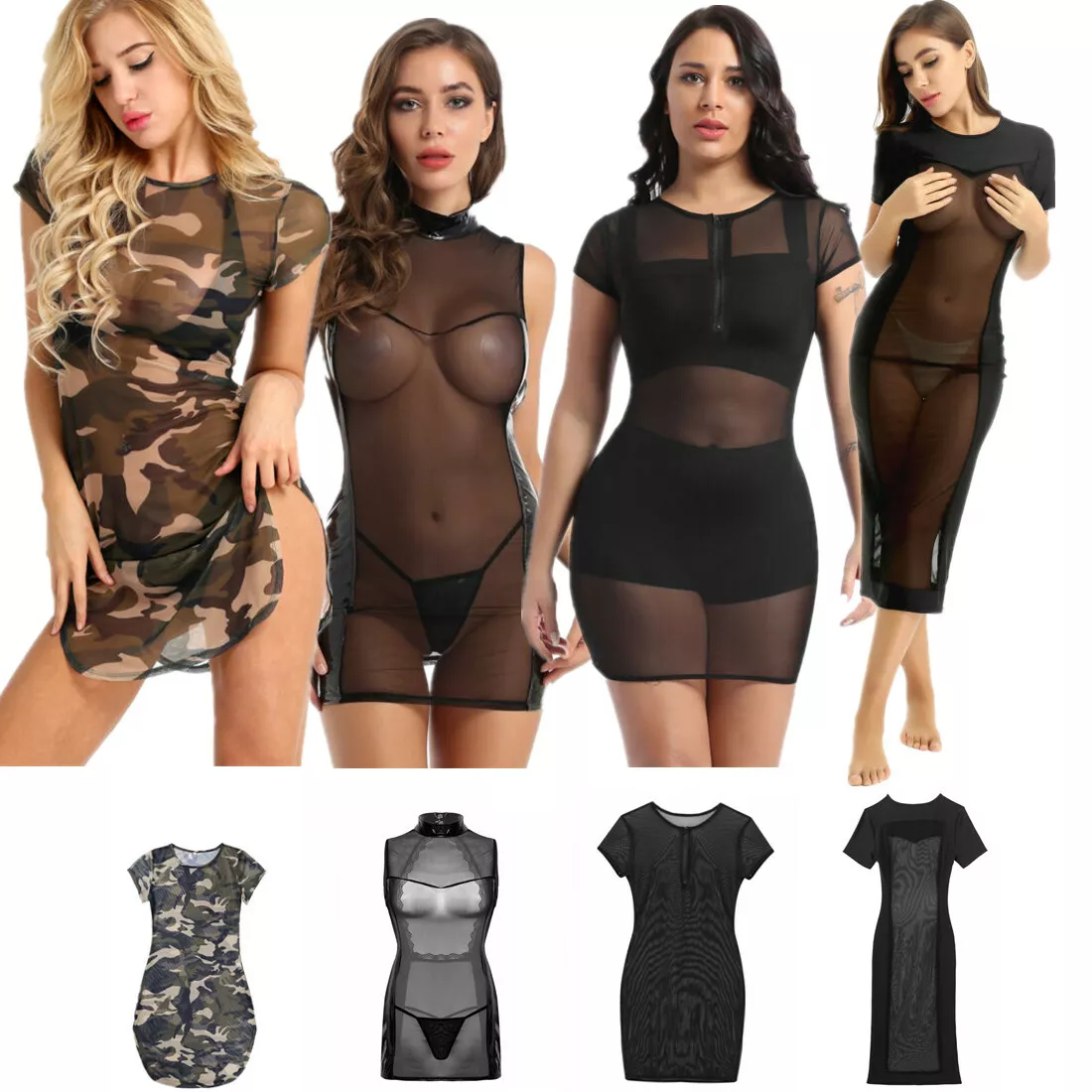 Sexy Women See-through Mesh Bodycon Short Sleeve Evening Party Cocktail  Dress