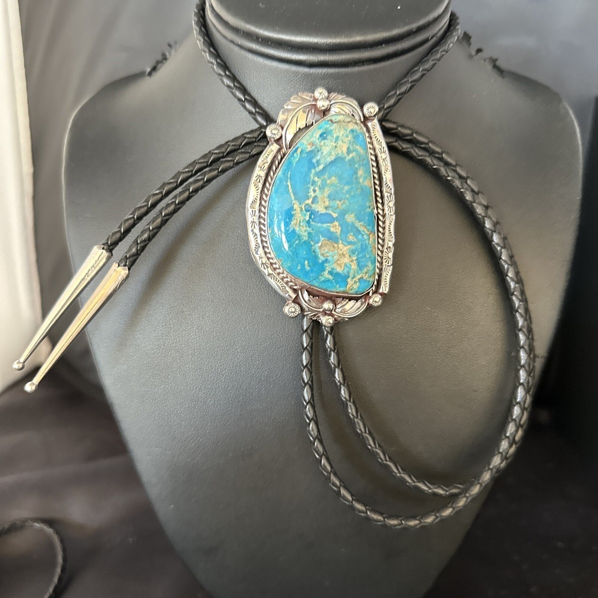 Native Mens Bolo Tie Blue Kingman Turquoise Sterling Silver 