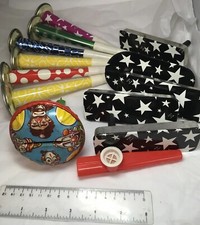 12 Vintage Tin Noisemakers Whistles  Rattles  Spinning Rattles