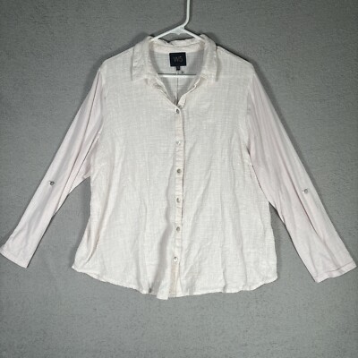 W5 Women s 1X Linen Blend Soft Pink Button Up Roll Tab Sleeve