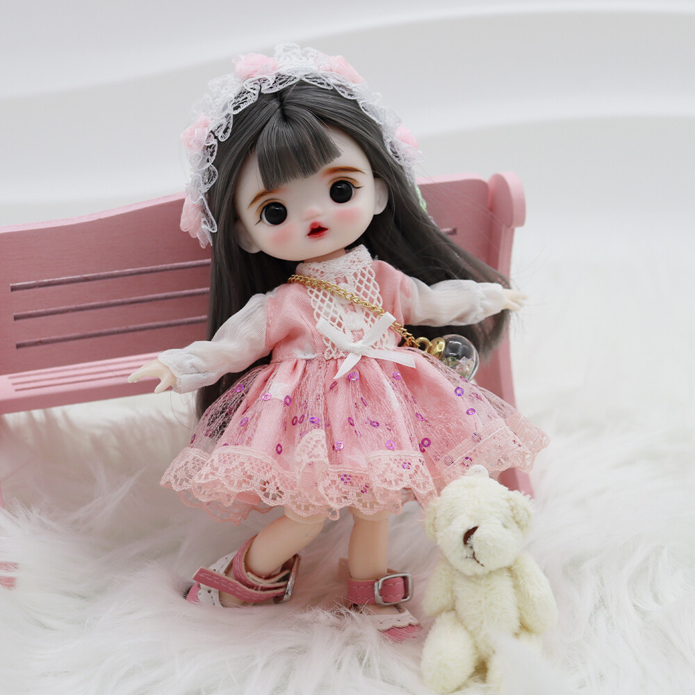 1/8 BJD Doll Full Set SD Ball Jointed Girl Pink Lace Dress Outfits