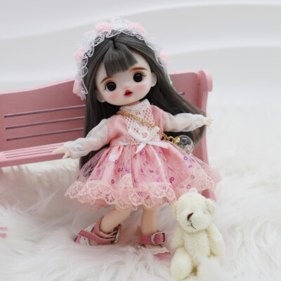 1/8 BJD Doll Full Set SD Ball Jointed Girl Pink Lace Dress Outfits