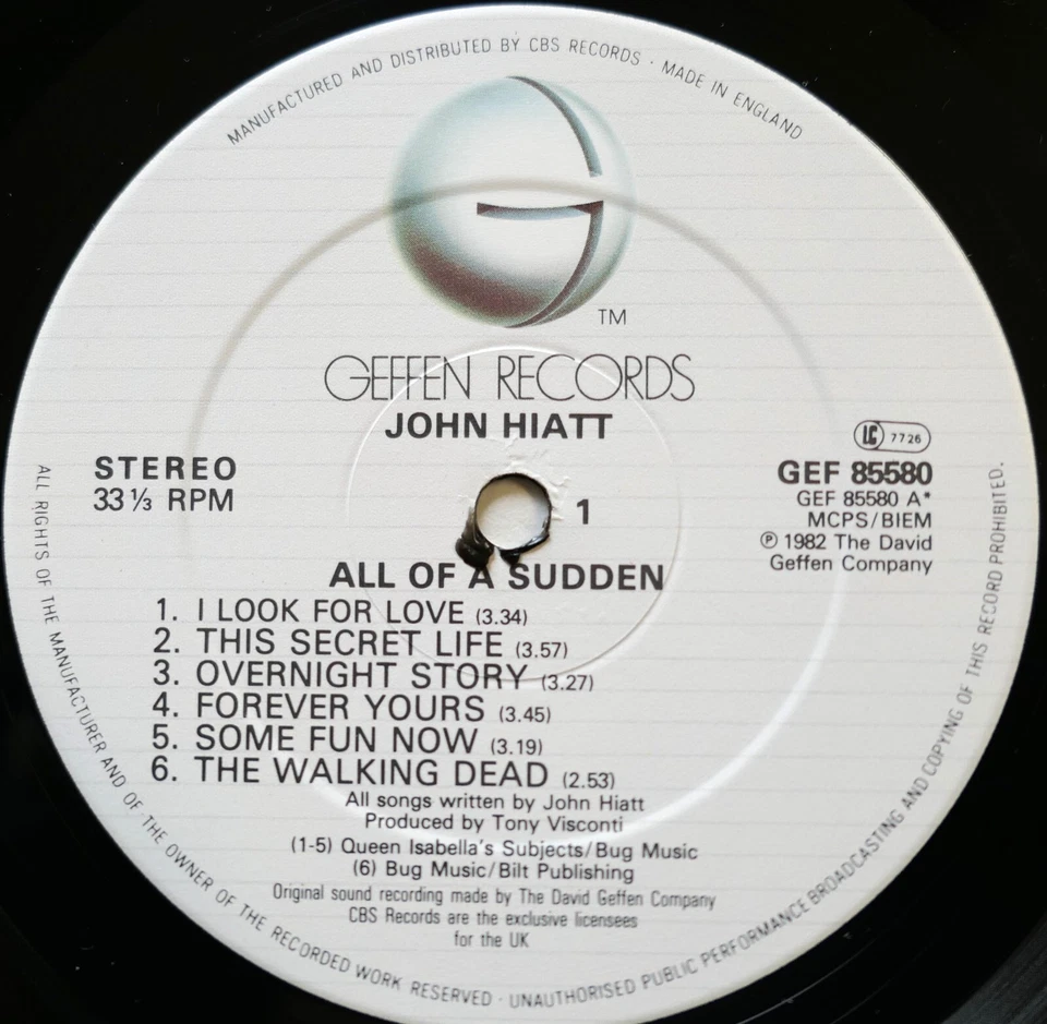 John Hiatt All Of A Sudden 1982 NM Vinyl Geffen GEF 85580 - Image 3 of 4