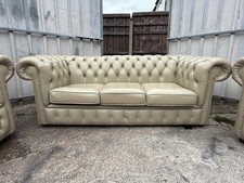 Cream Leather 3 Seater Chesterfield Sofa