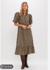 Hyacinth House Tuckernuck Dress Navy & Tan Floral Mimi Sz M Midi Lined MSRP $168