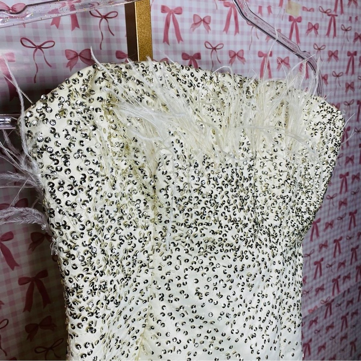 NBD x Revolve GRACY Strapless White Ostrich Feathered Sequin Mini Dress View 5