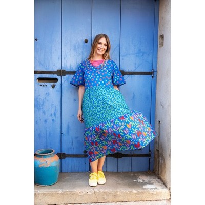 Gudrun Sjoden Maxi Dress Womens Small Blue Mixed Print Organic Cotton Tiered