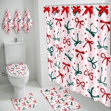 7 Pcs Christmas Shower Curtain Sets with Shower Curtain, Non-Slip Rugs, Lid C...