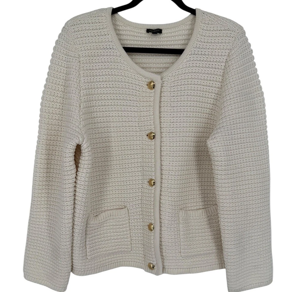 Cárdigan suéter Talbots para mujer color crema texturizado botón delantero botones dorados talla 1X Foto 3 de 4
