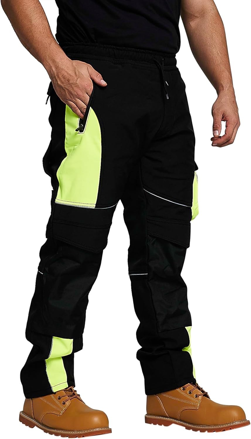 B&Q - Softshell Mens Work Trousers Fleece Lined Water & Wind Proof Combat Cargo Safety Pants Blk-Yel-34W/30L - Image 4