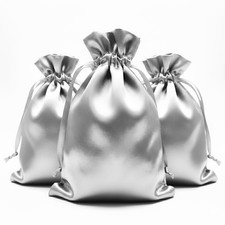 Silver Satin Drawstring Pouches Favor Bags For Parties Events 4x6 Inch