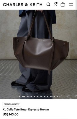 CHARLES & KEITH Women's Brown XL Tote Bag Magnetic Closure Gold Hardware Pouch