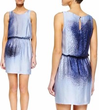 Halston Heritage Blue Sleeveless Abstract Blouson 100% Silk Shift Dress Short 6 
