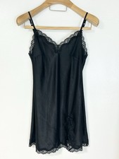 Victoria's Secret Black Satin Lace Trim Slip Dress Nightgown Chemise Size Medium