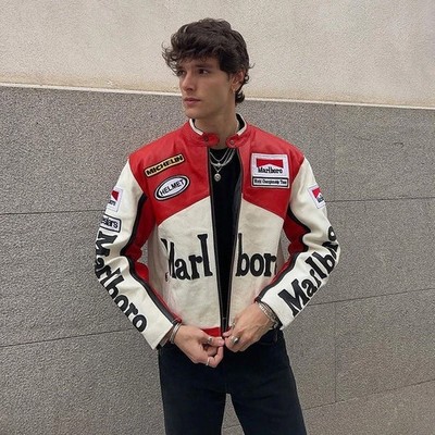 Vintage Marlboro Racing Lederjacke Herren Motorrad Biker Moto GP Jacke Rot