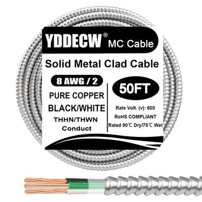 50FT 8/2 Metal Clad (MC) Cable with Ground, 8 Gauge Electric Wire with Alumin...