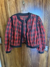 Vintage Y2K Size L Red/Black Plaid Cotton Blend Balloon Sleeve Cropped Jacket