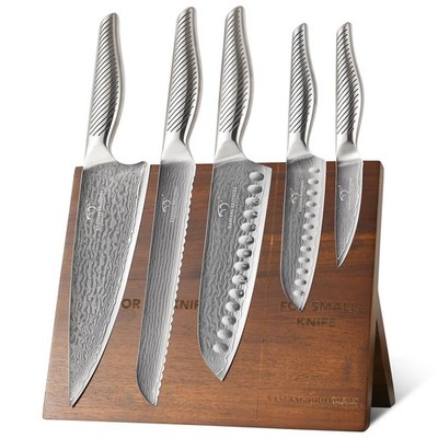   Kitchen Set with Magnetic Holder, 6-Piece Damascus Steel & Acacia Wood magn...