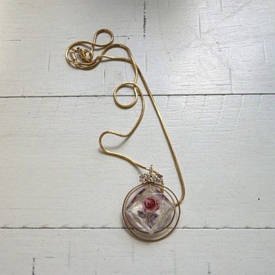 Vintage Floral Resin Round Pendant Necklace Gold Snake Chain Pink flower 