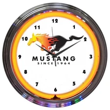 Ford Mustang Flaming Running Horse Pony REAL Neon Orange Wall Clock Man Cave