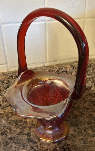 Indiana Glass Ruby Red Carnival Glass Basket Vintage Diamond Point Candy Dish