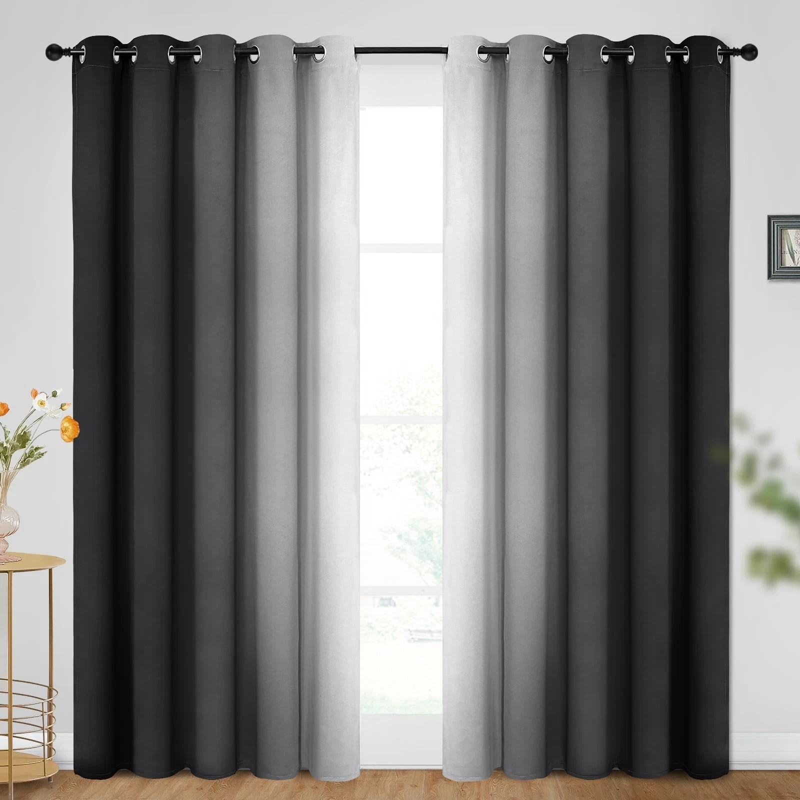 SimpleHome Ombre Room Darkening Curtains for Bedroom, Gradient Black to Grey ...