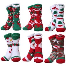 6 Pairs Christmas Fuzzy Socks Holiday Fluffy Slipper for Women Men Kids