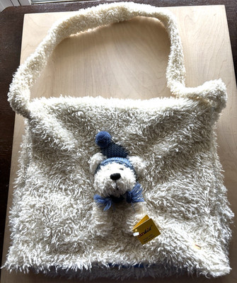 Sunkid Faux Fur Bear Shoulder Bag Carryall NWT 12'' x 14'' Germany White Blue
