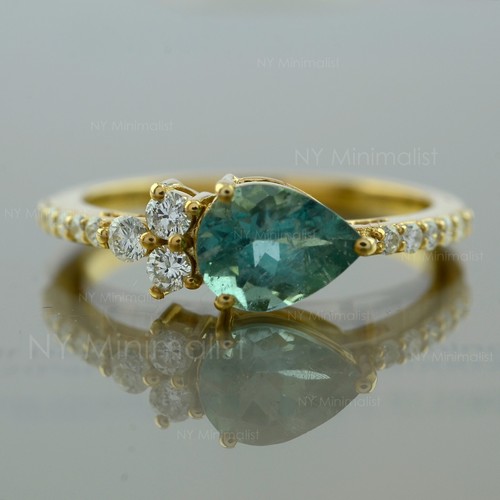 Halo Pear Green Tourmaline SI Clarity G-H Diamond Solid 18K Yellow Gold Ring - Picture 11 of 22