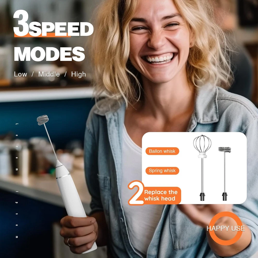 Milk Frother Rechargeable Handheld Electric Whisk Coffee Frother Mixer with 2 St