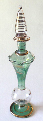 Vintage Empty Clear Green & Gold Glass Perfume Bottle & Glass Stopper - Picture 2 of 9