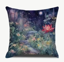 Moonlight Path Botanical Floral Garden Linen Throw Pillow Cover Home Decor 18”