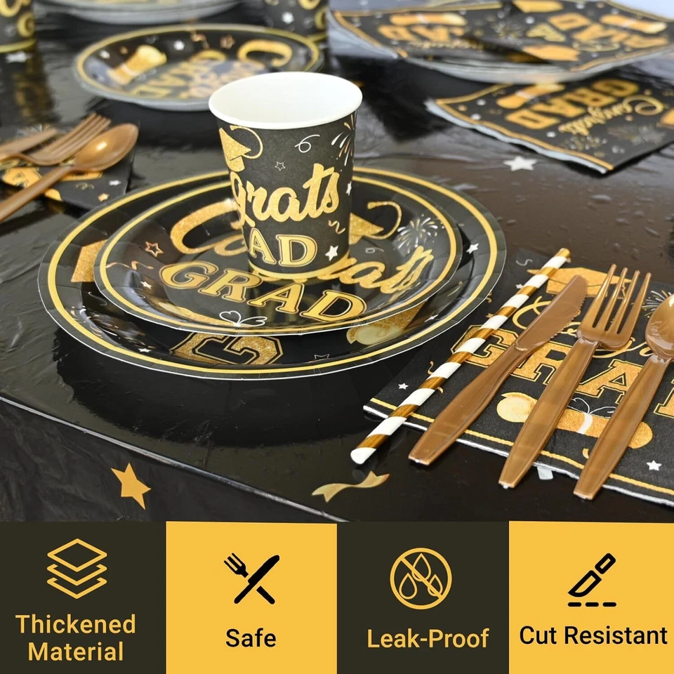 Gold and Black Graduation Decorations Set 152PCS Banner, Paper Plates and Napkin - Image 4 of 4