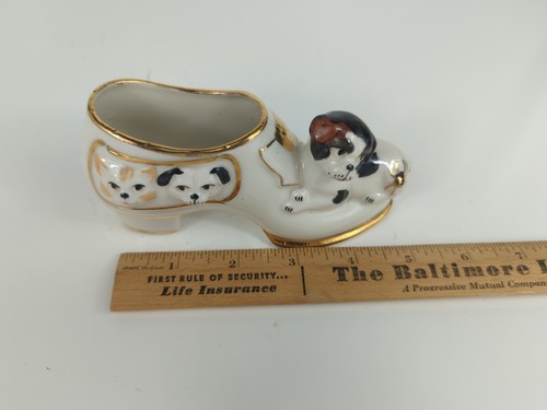 Goldra E. Palestine Dog In Shoe Planter gold trim vintage 2.5" tall figurine - Picture 10 of 11