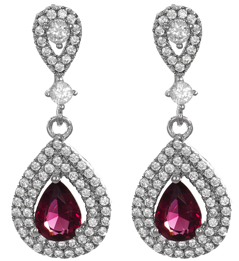Висячие женские серьги из белого серебра 925 пробы с рубином и фианитами в виде слезинок 8490₽