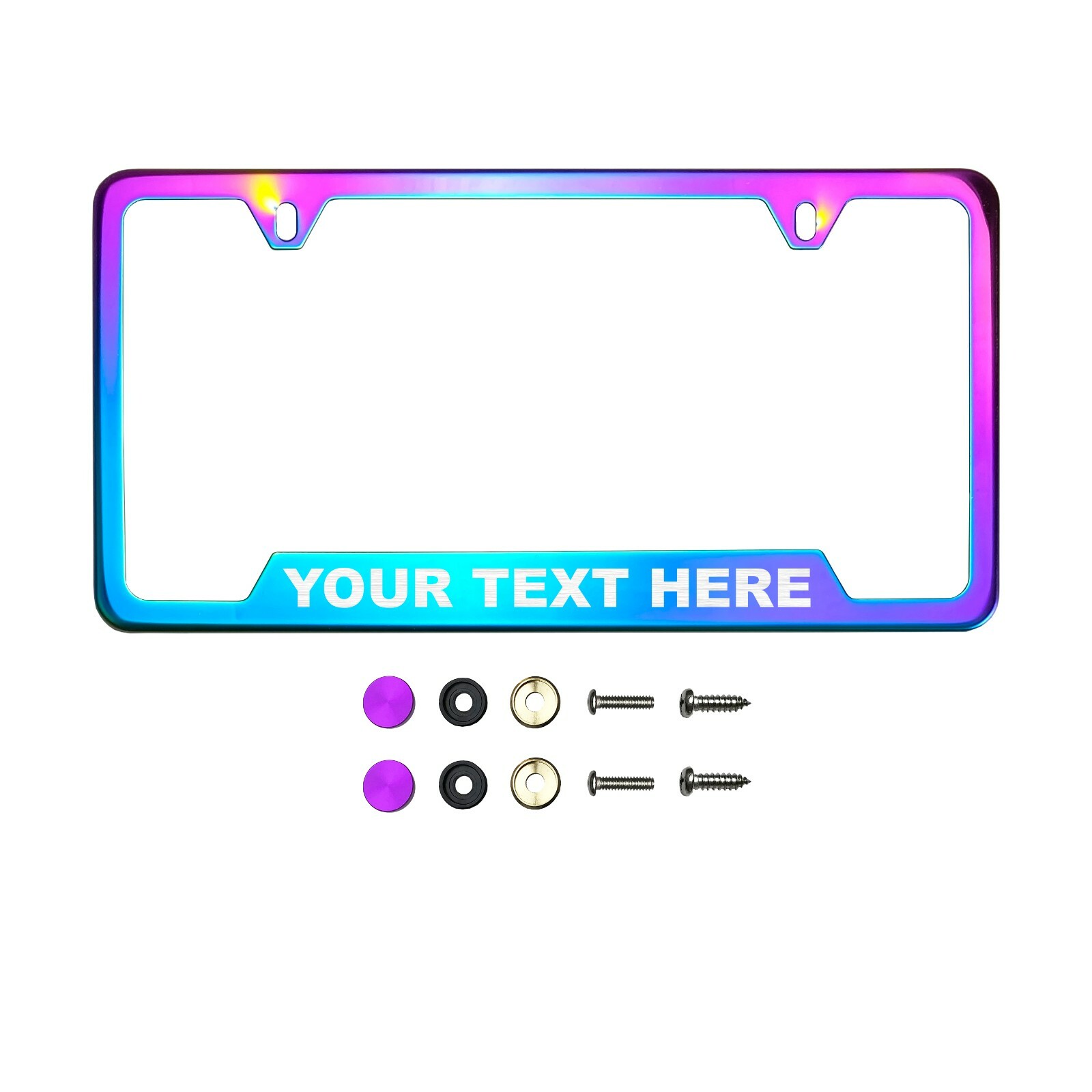 Bottom Corner Cut Out Neo Chrome Mirror License Frame Laser Etched+Screw Cap