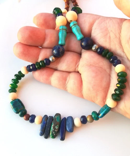 COLLANA NATIVI AMERICANI TURCHESE GIADA AZZURITE LAPISLAZZULI ZAFFIRI E ARGENTO - Immagine 2 di 4