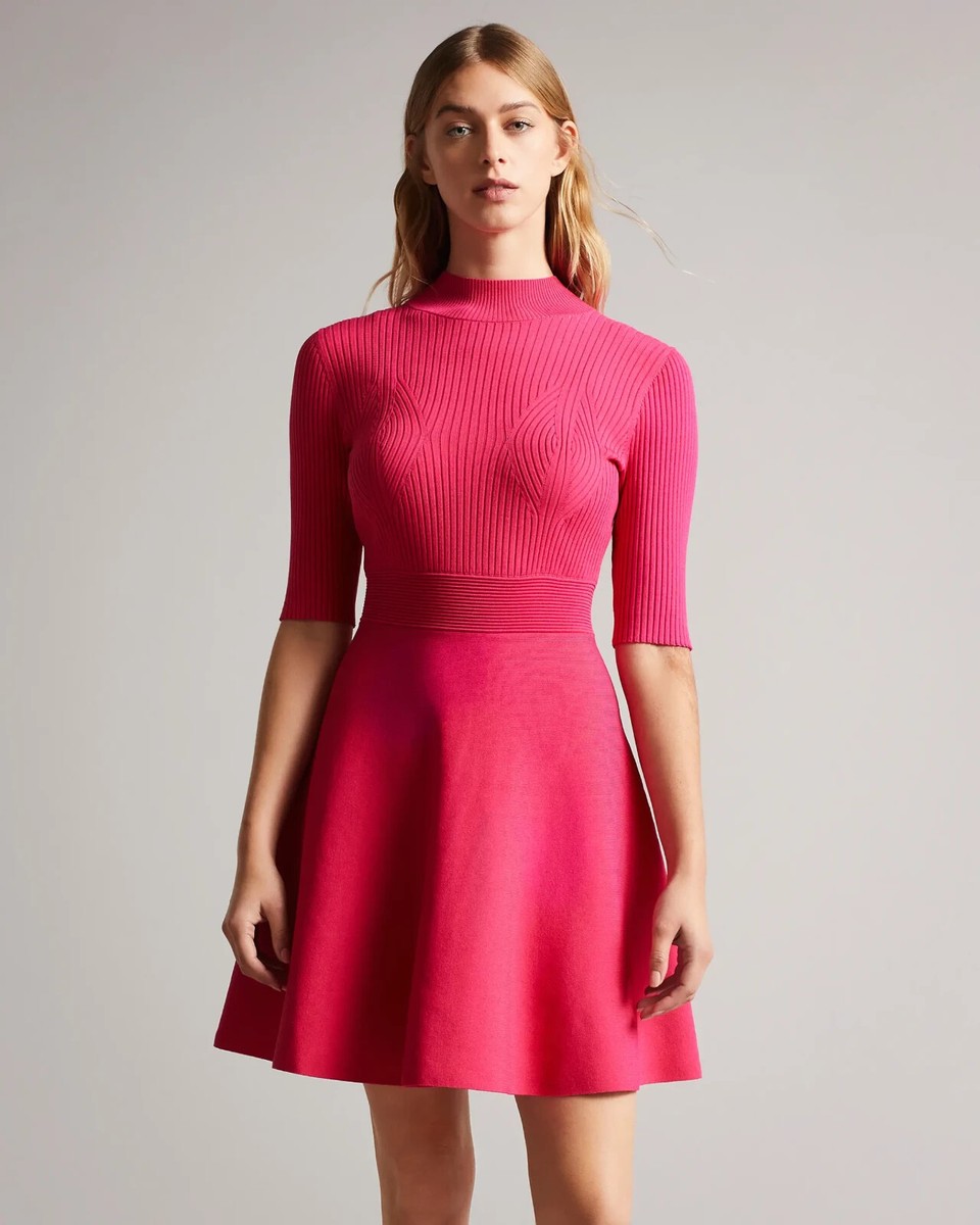 ted baker pink skater dress Ted Baker London Jaimie Hot Pink Skater Dress with Buckle Strap Sz 3