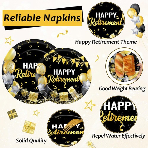 96 Pcs Retirement Party Plates and Napkins Set - Black and Gold - 24 Guests - Picture 3 of 7