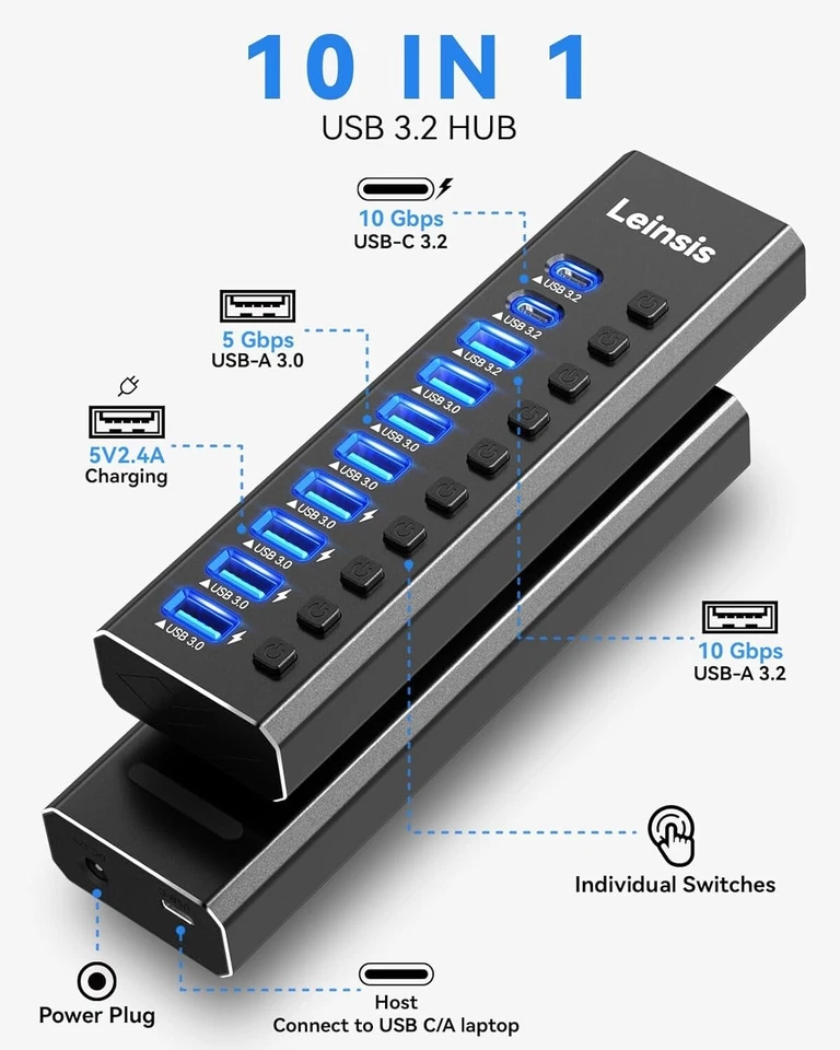 10-Port USB 3.2 Hub with Power Adapter & Individual Switches for Devices - Image 4 of 4