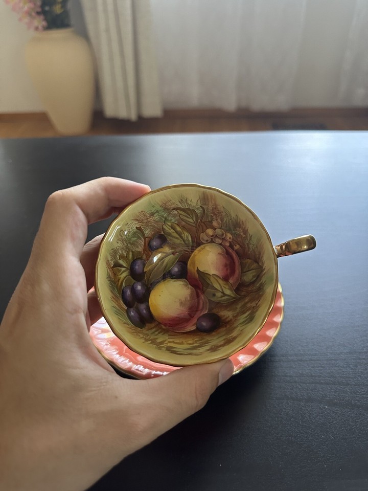 Aynsley Bone China Fruit Decorated Teacup & Saucer Peach & Gold Signed