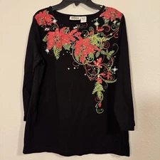 Collections Etc 100% Cotton 3/4 Sleeve Poinsettia Christmas Shirt Medium VTG