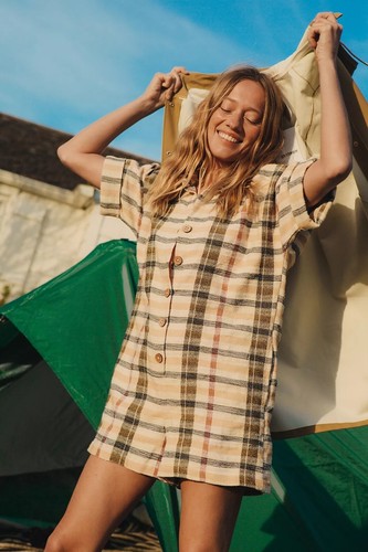 Free People Plaid FELICITY Romper Size XS Button Front Roll Tab Sleeve Casual - Picture 2 of 15