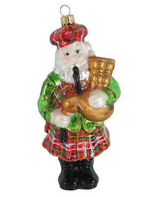 Summit Scottish Santa Play Bagpipes Kilt Blown Glass Christmas Ornament 6'' D1069