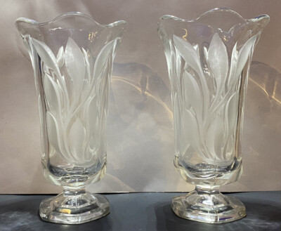 Vintage Indiana Glass Willow 10'' Vase Matching Pair Clear
